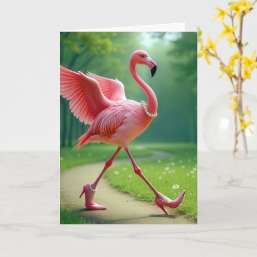 Verjaardag Flamingo met hoge hakken en parels Kaart (Gele Bloem)