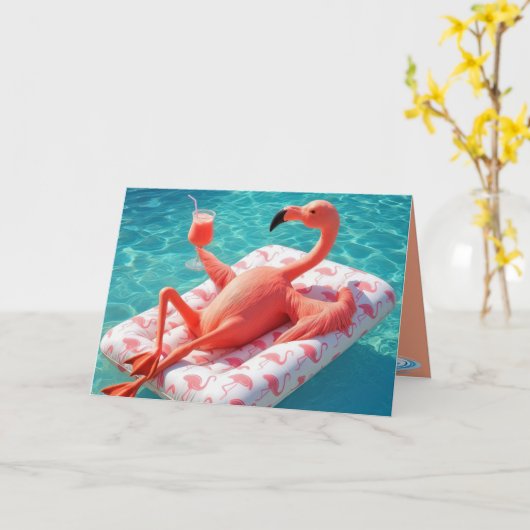 Verjaardag flamingo ontspannen op een zwembad matr kaart (Gele Bloem)
