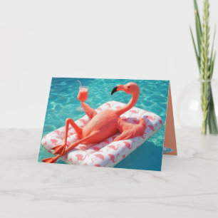 Verjaardag flamingo ontspannen op een zwembad matr kaart