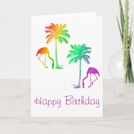 Verjaardag Flamingo's Palmboom Regenboog Kaart (Voorkant)