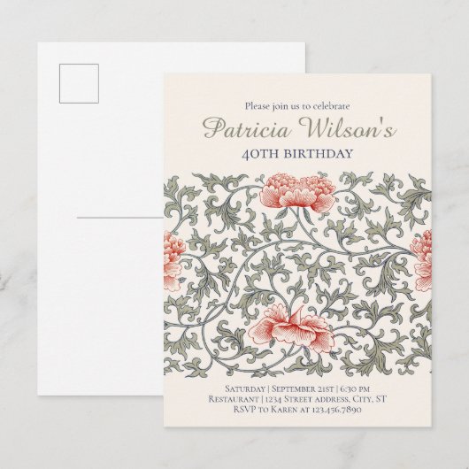 Verjaardag Floral William Morris stijl CC1282 Uitnodiging Briefkaart (Voorkant / Achterkant)