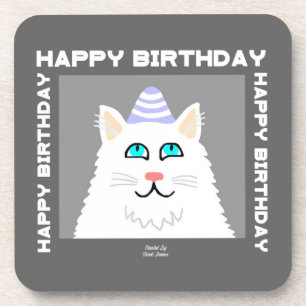 Verjaardag Fluffy White Cat Hard Plastic Onderzett Bier Onderzetter