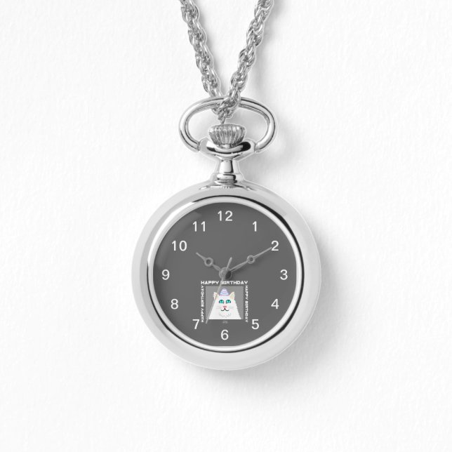 Verjaardag Fluffy White Cat Silver Ketting Horloge (Voorkant)