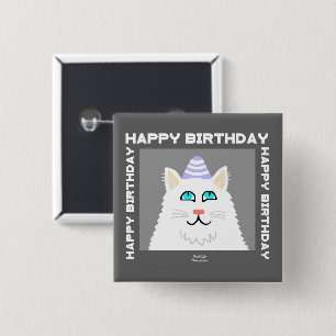 Verjaardag Fluffy White Cat Square Button