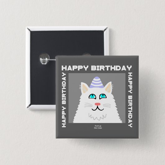 Verjaardag Fluffy White Cat Square Button (Voorkant /achterkant)