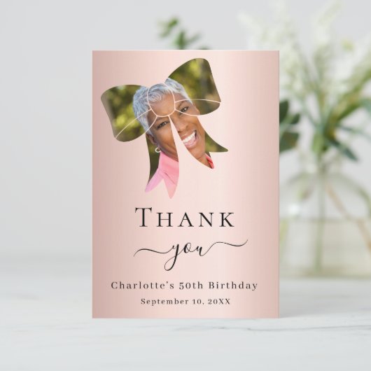 Verjaardag foto boog roos goud bedankkaart (Staand voorkant)