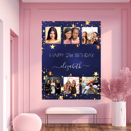 Verjaardag foto collage marine blauw gouden sterre poster