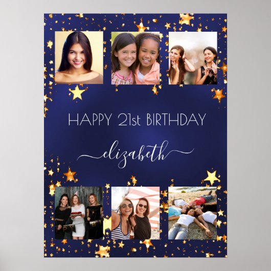 Verjaardag foto collage marine blauw gouden sterre poster (Voorkant)
