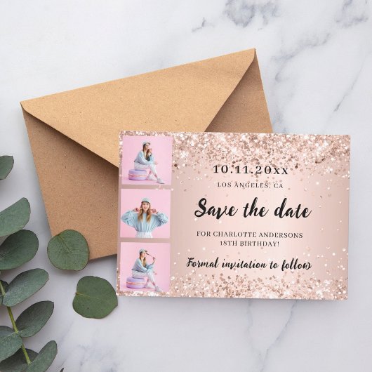 Verjaardag foto collage roos gouden confetti save the date