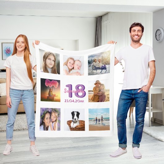 Verjaardag foto collage witte paarse naam fleece deken