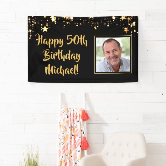 Verjaardag Foto Gouden Sterren Aangepaste kleur Spandoek (Insitu)