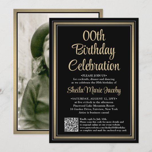 Verjaardag • Foto & QR-code Zwart & Goud Feest Kaart (Voorkant / Achterkant)