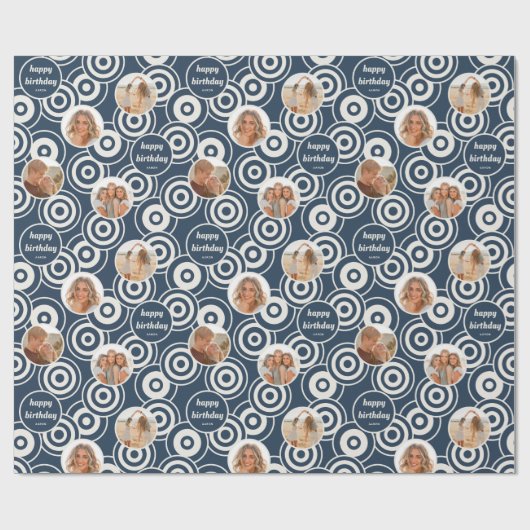 Verjaardag Fotocollage Retro Cirkels Donkerblauw Cadeaupapier (Vlak)