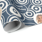Verjaardag Fotocollage Retro Cirkels Donkerblauw Cadeaupapier (Rol Hoek)