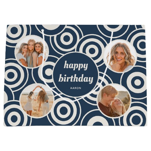 Verjaardag Fotocollage Retro Cirkels Donkerblauw Groot Cadeauzakje (Voorkant)