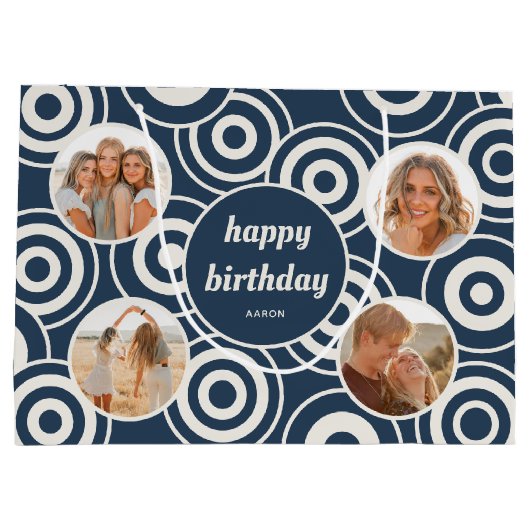 Verjaardag Fotocollage Retro Cirkels Donkerblauw Groot Cadeauzakje (Achterkant)