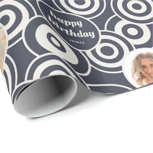 Verjaardag Fotocollage Retro Cirkels Donkergrijs Cadeaupapier (Rol Hoek)