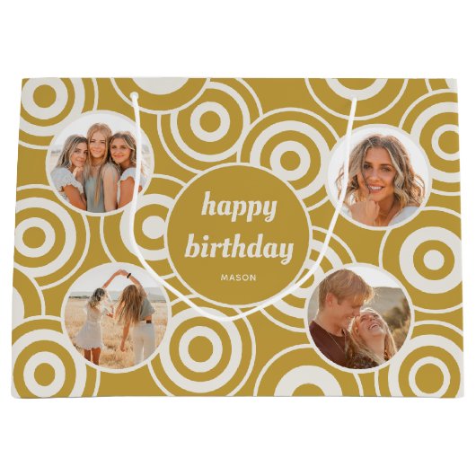 Verjaardag Fotocollage Retro Cirkels Geel Groot Cadeauzakje (Voorkant)