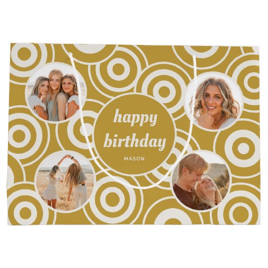 Verjaardag Fotocollage Retro Cirkels Geel Groot Cadeauzakje (Achterkant)