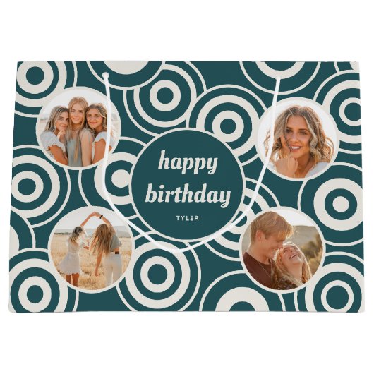 Verjaardag Fotocollage Retro Cirkels Groen Groot Cadeauzakje (Voorkant)