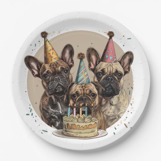 Verjaardag Franse Bulldogs Party Petten Papieren Bordje (Voorkant)
