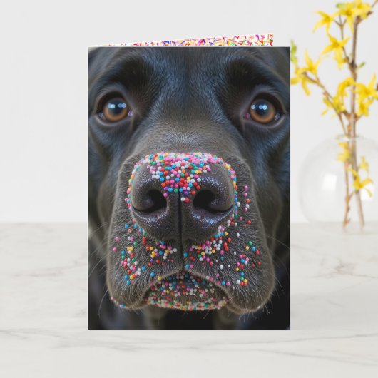 Verjaardag Fun Black Lab Hond met Sprinkles Kaart (Gele Bloem)