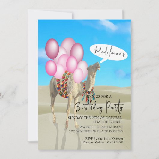 Verjaardag Fun Desert Camel Roze Ballonnen Uitnodi Kaart (Achterkant)