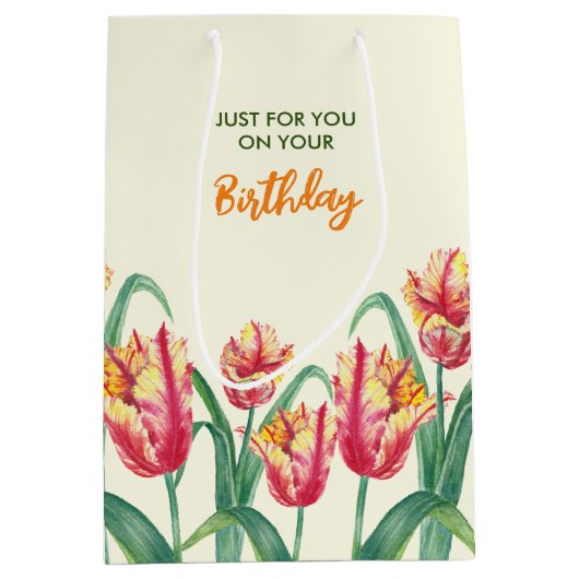 Verjaardag Geel Papegaai Tulpen Bloemen speciaal v Medium Cadeauzakje (Voorkant)