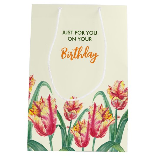 Verjaardag Geel Papegaai Tulpen Bloemen speciaal v Medium Cadeauzakje (Achterkant)