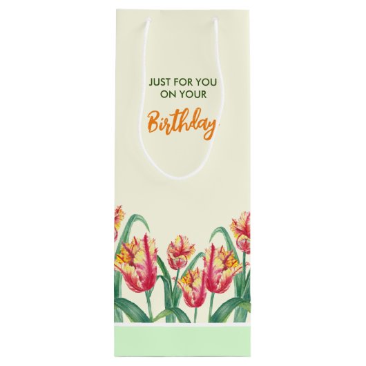 Verjaardag Geel Papegaai Tulpen Bloemen speciaal v Wijn Cadeautas (Achterkant)