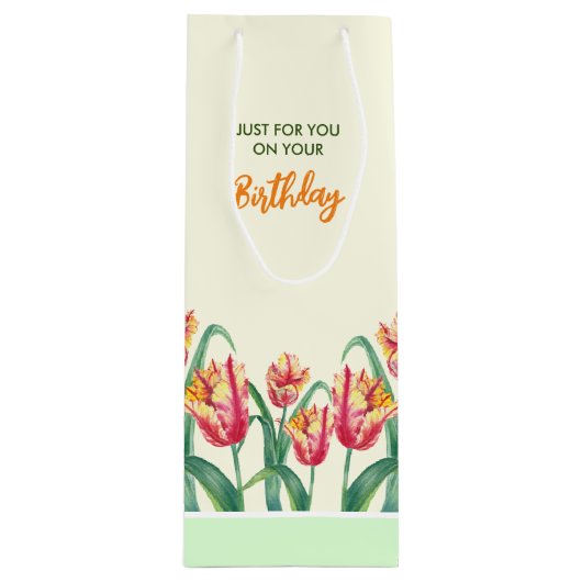 Verjaardag Geel Papegaai Tulpen Bloemen speciaal v Wijn Cadeautas (Voorkant)