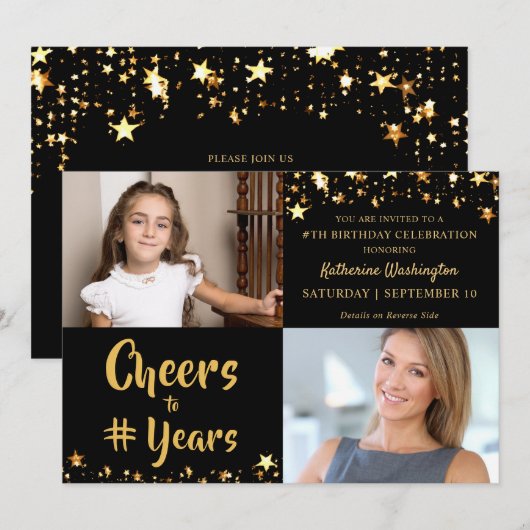 Verjaardag GEJUICH AAN # JAREN Zwart Goud Sterren  Kaart (Voorkant / Achterkant)