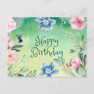 Verjaardag Gelukkig Blauw, Roze Waterverf Bloemen Briefkaart