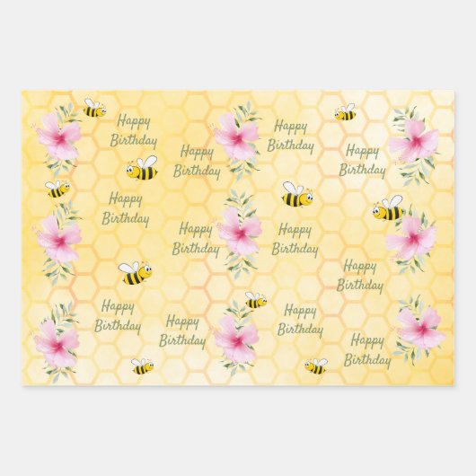 Verjaardag gelukkige hommels honingraat bloemen inpakpapier vel (Voorkant 2)