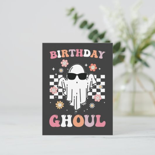 Verjaardag Ghoul Ghost Halloween Groovy Retro Uitnodiging Briefkaart (Staand voorkant)