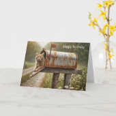 Verjaardag Ginger Cat In Een Mailbox Kaart (Gele Bloem)