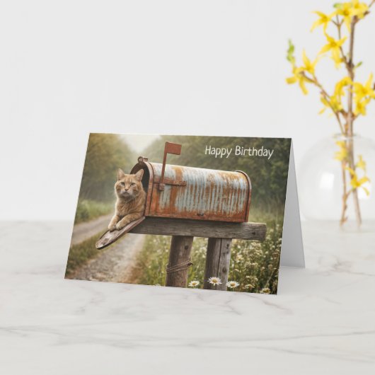 Verjaardag Ginger Cat In Een Mailbox Kaart (Gele Bloem)