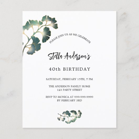 Verjaardag ginkgo groen wit script uitnodiging (Voorkant)