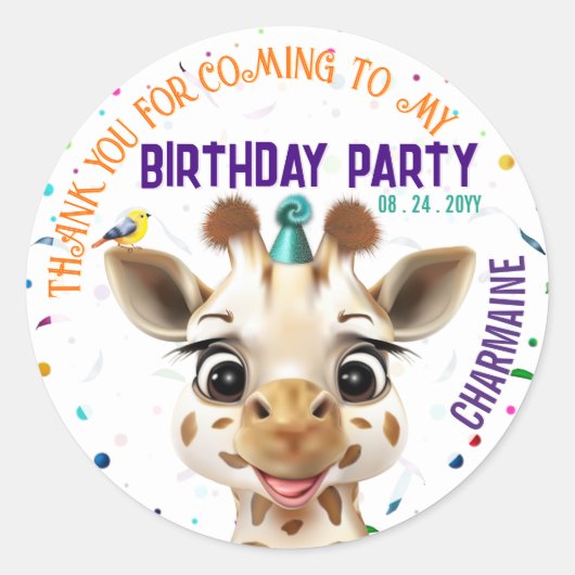 Verjaardag Giraffe Confetti Kinderen Ronde Sticker (Voorkant)