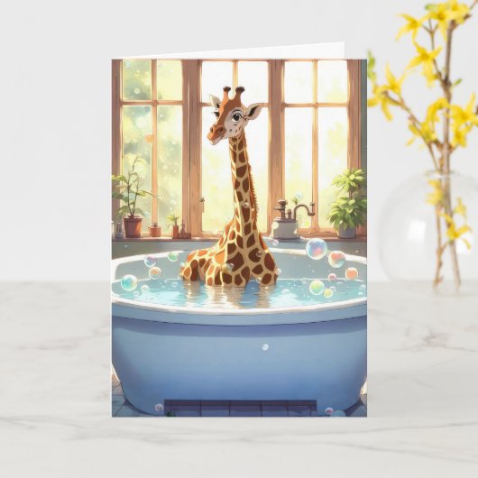 Verjaardag Giraffe in bubbelbad Kaart (Gele Bloem)