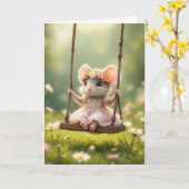 Verjaardag Girly Mouse op een schommel Kaart (Gele Bloem)