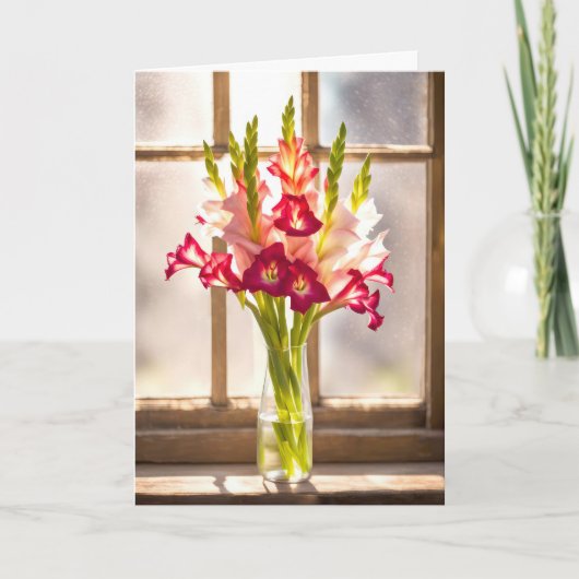 Verjaardag Gladiolus boeket in een zonnig raam Kaart (Voorkant)