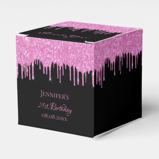 Verjaardag glitter zwart roze glitter druppels bedankdoosjes (Voorkant Zijde)