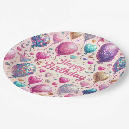 Verjaardag glitterballonnen papieren bordje (Gekanteld)