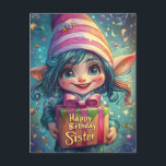 Verjaardag Gnome - Happy Birthday Sister Briefkaart<br><div class="desc">Vier de speciale dag van je zus met deze betoverende en grillige verjaardagskabouterillustratie! Met een vrolijke, groothoekige gnoom met levendig blauw haar, een roze gestreept pet en een prachtig verpakt geschenk met de tekst "Happy Birthday Sister". de achtergrond schittert met zwevende confetti, linten en een dromerige fantasiesfeer, waardoor het een...</div>