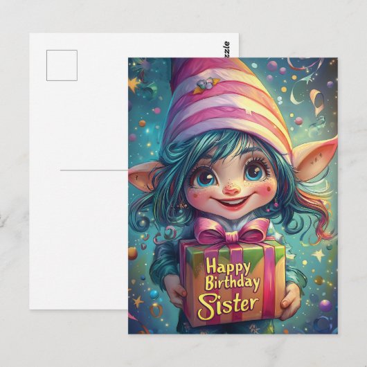 Verjaardag Gnome - Happy Birthday Sister Briefkaart (Voorkant / Achterkant)