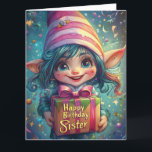 Verjaardag Gnome - Happy Birthday Sister Kaart<br><div class="desc">Vier de speciale dag van je zus met deze betoverende en grillige verjaardagskabouterillustratie! Met een vrolijke, groothoekige gnoom met levendig blauw haar, een roze gestreept pet en een prachtig verpakt geschenk met de tekst "Happy Birthday Sister". de achtergrond schittert met zwevende confetti, linten en een dromerige fantasiesfeer, waardoor het een...</div>
