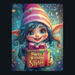 Verjaardag Gnome - Happy Birthday Sister Poster<br><div class="desc">Vier de speciale dag van je zus met deze betoverende en grillige verjaardagskabouterillustratie! Met een vrolijke, groothoekige gnoom met levendig blauw haar, een roze gestreept pet en een prachtig verpakt geschenk met de tekst "Happy Birthday Sister". de achtergrond schittert met zwevende confetti, linten en een dromerige fantasiesfeer, waardoor het een...</div>