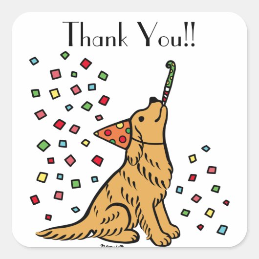 Verjaardag Golden Retriever Cartoon Dank u Vierkante Sticker (Voorkant)