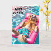 Verjaardag Golden Retriever drijvend in zwembad Kaart (Gele Bloem)
